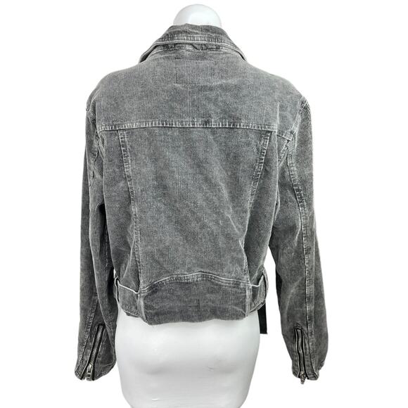 BlankNYC Grey Corduroy Asymmetric Zipper Belted  Long Sleeve Crop Moto Jacket L - Picture 2 of 4